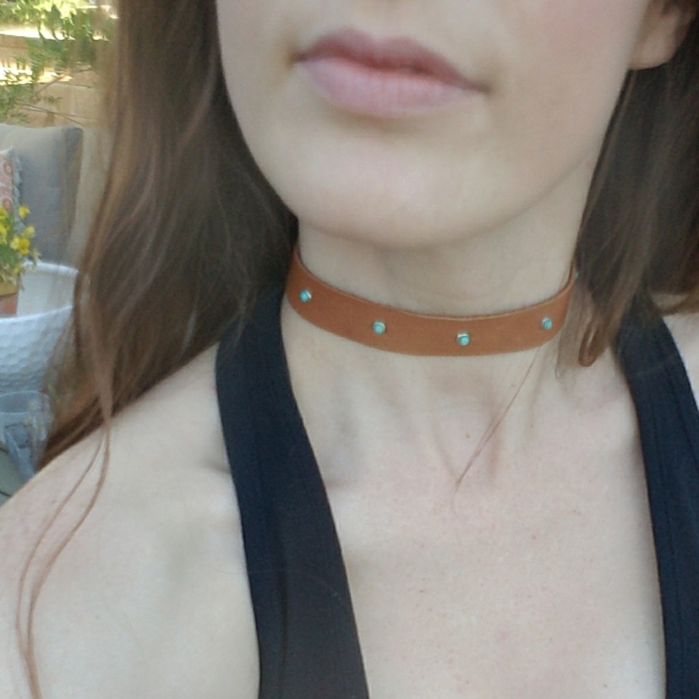 Genuine Leather Tan Tuqouise Bead Festival Choker